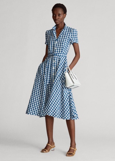 Vestidos Polo Ralph Lauren Mujer Azules / Blancos - Belted Linen Midi - TZJRO7892